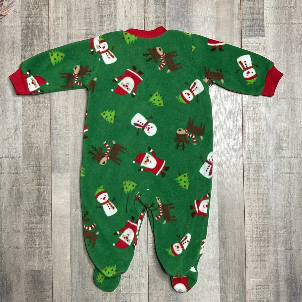 Carters Baby 3M Green Fleece Christmas Santa Snowman Reindeer Footed Pajamas
